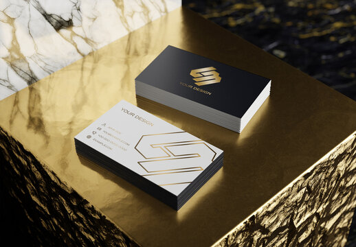 2 Business Card Stacks On Gold And Marble Display Mockup