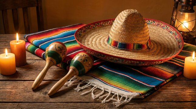 Mexican Fiesta Still Life with Sombrero and Maracas.
