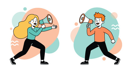 Fototapeta premium Cartoon people holding megaphones and running
