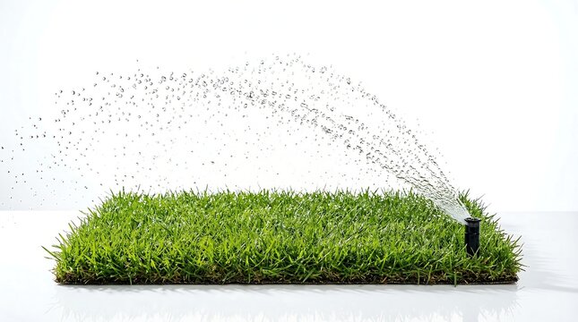 A small patch of green grass with a sprinkler watering it