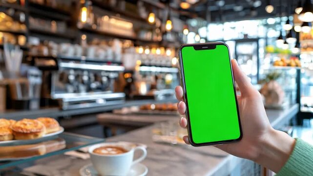 Person shows a smartphone with a green screen in a cafe with coffee and baked goods visible in the background