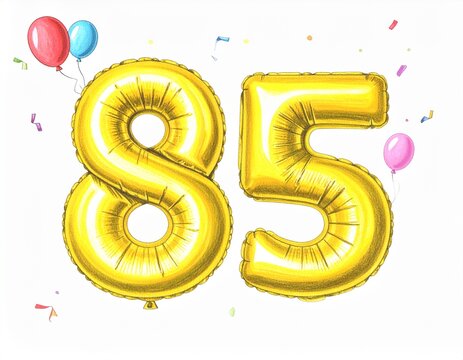 Pencil drawing of yellow number 85 balloon. Sketch for birthday or anniversary party