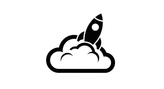 Black and white rocket ship icon launching from clouds.