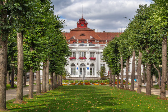 Elizabeth Spa in Karlovy Vary, Czech Republic, view from garden. Neobaroque architecture under grey cloudy sky