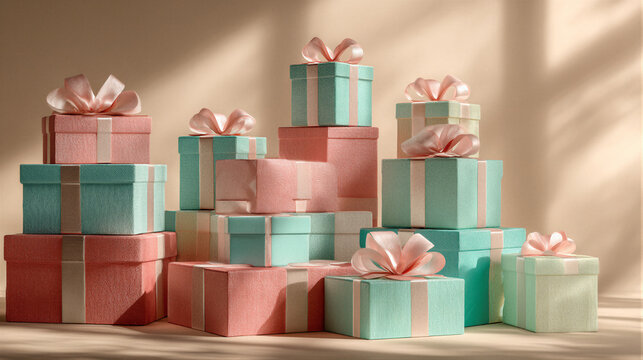 Top view stacked Mother's Day gift boxes in Morandi pink and mint green with satin ribbons. Soft cinematic lighting, elegant shadows. Negative space for text. Ideal for holiday marketing and ads.