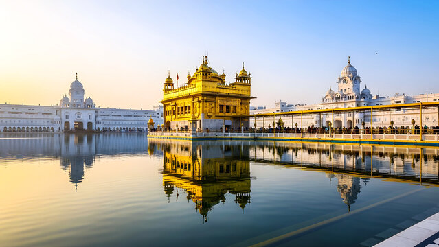 Harmandir Sahib at Sunset with Golden Glow and Reflection