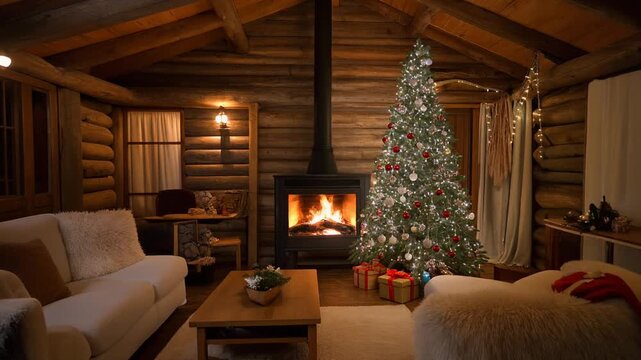 Interior of a rustic log cabin living room featuring a decorated Christmas tree with lights beside a burning fireplace, white sofas, wooden furniture, and wrapped holiday gift boxes.