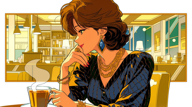 レトロな喫茶店の空間で自然な会話を楽しむ女性のイラスト、柔らかな雰囲気と温かみある店内表現が魅力のシーン、懐かしさと心地よさを感じる人物描写、日常や恋愛テーマの背景素材としても使える高品質ビジュアル