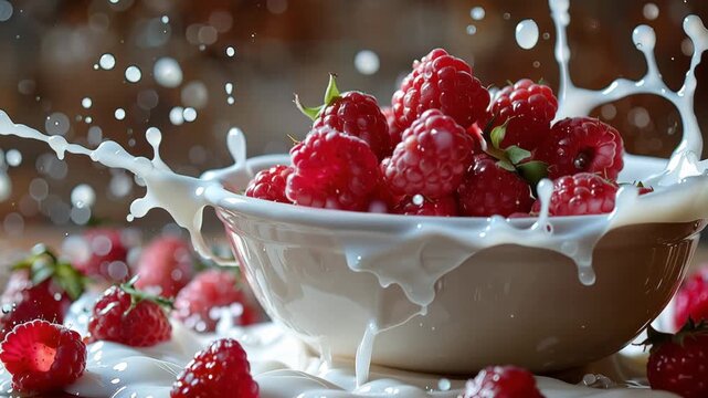 Fresh raspberries falling into a bowl of milk with a large splash, red berries dropping into white liquid with dynamic droplets, healthy breakfast and dairy product concept, macro slow motion fruit sp