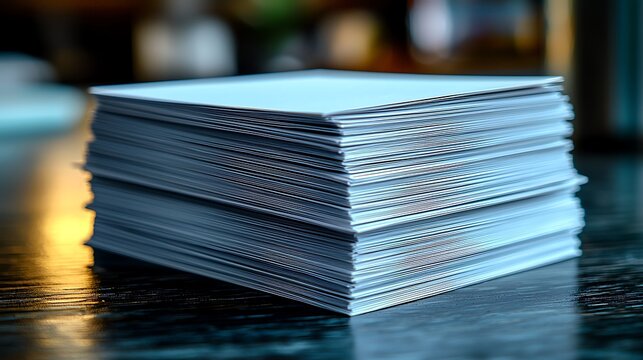 A Stack of Blank White Cards on a Reflective Surface with a Blurred Background