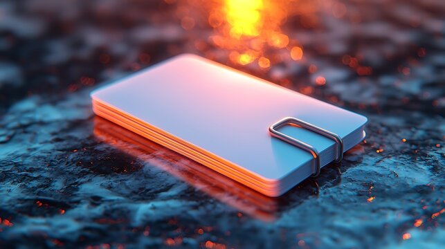 A stack of white cards held together by a silver staple on a textured surface with bokeh lights