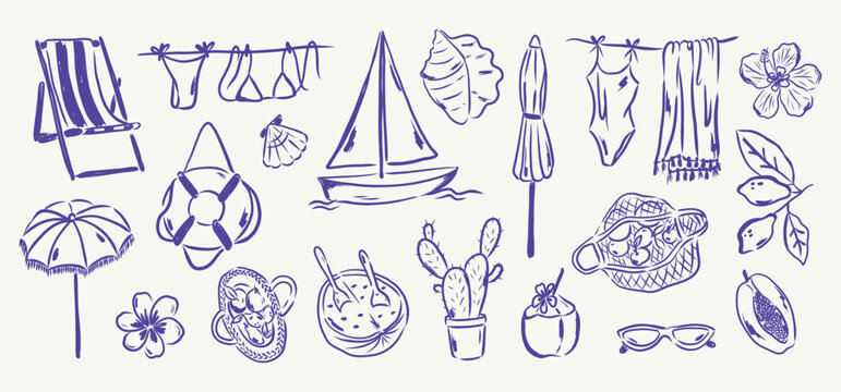 whimsical summer vacation  collection with beach umbrella swimsuit sailboat tropical fruit flower shell sunglasses and picnic elements. hand draw minimal line art illustration set