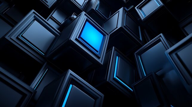 Abstract 3d cubes with glowing blue light edges in dark background technology