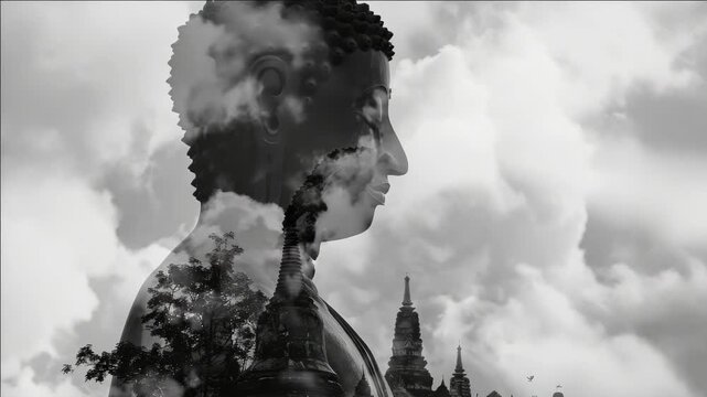 A monk stands amidst clouds, symbolizing inner peace and contemplation.