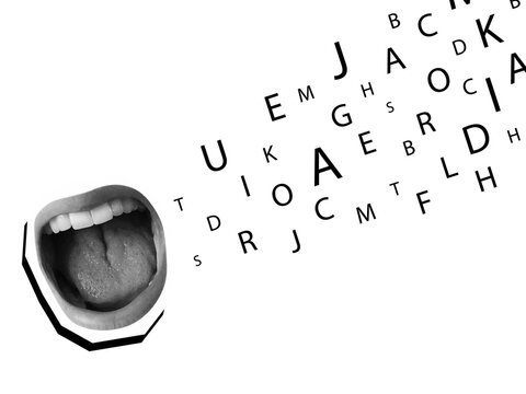 A wide open screaming mouth with random letters flying out of it. Modern photo collage style. Illustration on a transparent background