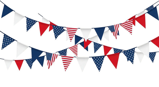 Red white and blue pennant banner with american flag patterns on transparent background for 4th of july celebrations and patriotic events decoration