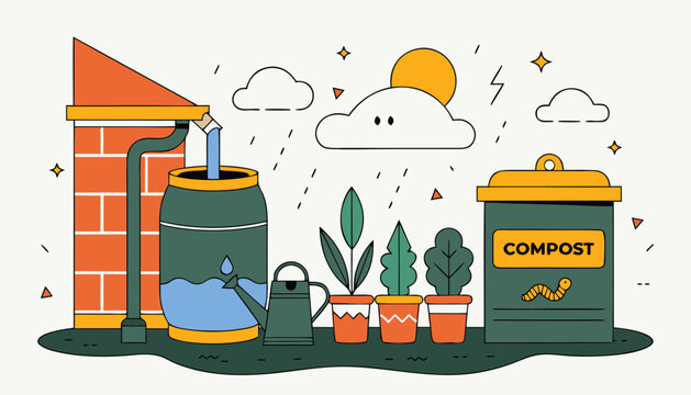 A colorful vector illustration of a rainwater harvesting system with compost bin and potted plants