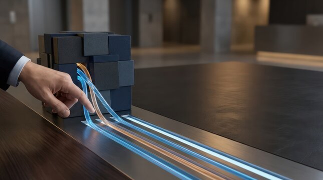 Business hand guiding luminous data lanes from a modular routing cluster into clear workflow channels on a dark corporate background with copy space for process clarity and operations simplification