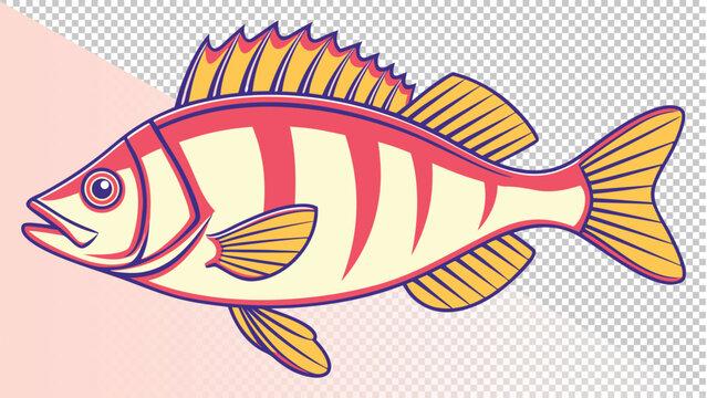Pixel art illustration of a perch fish with red stripes and yellow fins and belly with sea life with transparent background with pet store