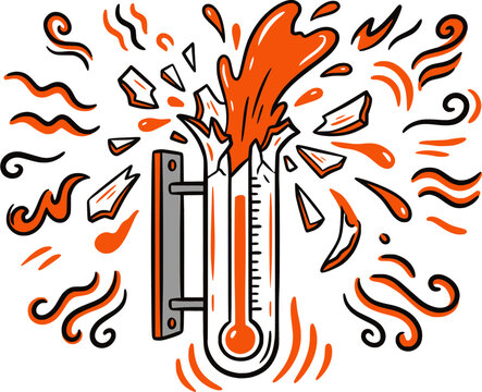 Vector illustration of a glass thermometer exploding from extreme summer heat with red liquid bursting out. Perfect for heatwave warnings, global warming concepts, and record high temperature designs