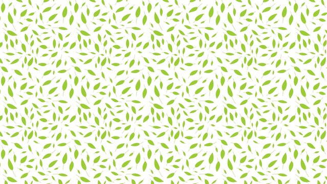 Seamless pattern background featuring vibrant small green leaves scattered randomly across white