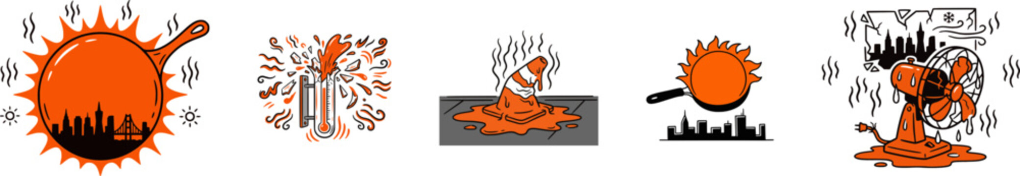 Vector set of extreme summer heatwave icons. Features a melting traffic cone, exploding thermometer, melting fan, and frying pan sun over a city. Perfect for global warming and hot weather clipart