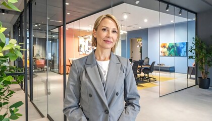 Fototapeta premium Confident businesswoman in modern office setting, exuding professionalism.