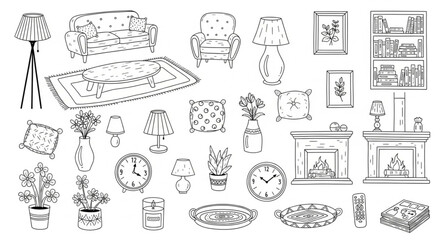 Fototapeta premium Collection of Hand-Drawn Interior Design Elements and Furniture.