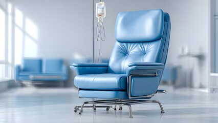 Fototapeta premium Modern Blue Sofa in Contemporary Healthcare Interior, Comfortable Seating Area for Blood Donor Clinic, Realistic Photography of Hospital Lounge Room, Minimalist Medical Facility Design