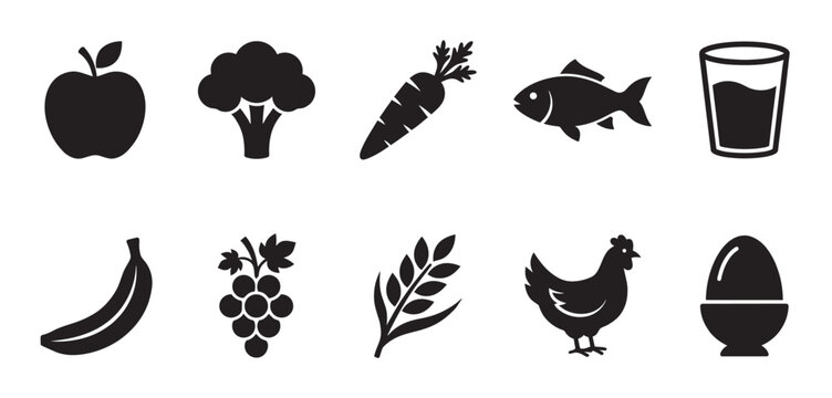 Collection of black silhouette icons representing healthy food items like fruits vegetables protein and drink on white background.