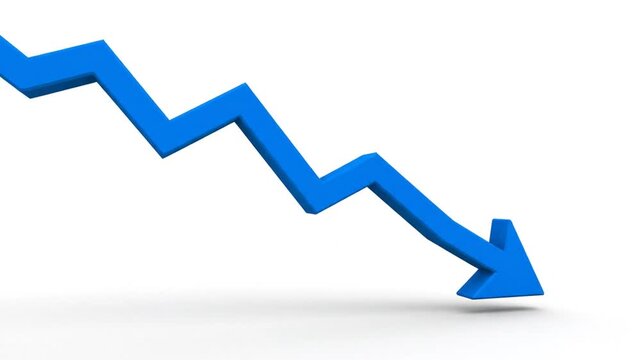Abstract Blue Zigzag Downward Arrow Animation on White Background Sharp Falling Trend Line Indicator with Bold Angular Movement Clean Business Decline Symbol Professional Motion Graphic 4K