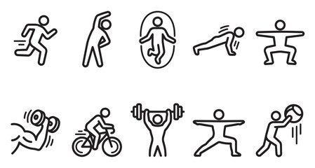 Fototapeta premium A collection of simple line art icons depicting various fitness activities including running, cycling, weightlifting, yoga, and stretching on a white background.