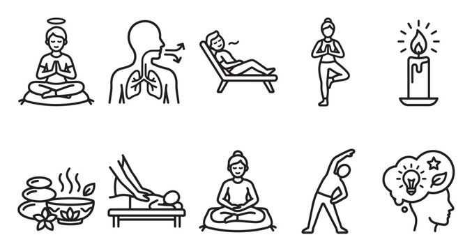 A set of minimalist black line icons depicts various wellness activities including meditation, breathing, relaxation, yoga, massage, and ideas, representing a healthy lifestyle.