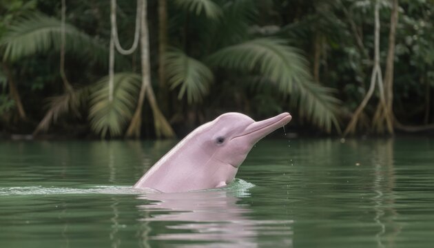 Pink river dolphin emerges from calm green water surrounded by lush tropical palm trees in a dense jungle habitat setting during sunny daylight
