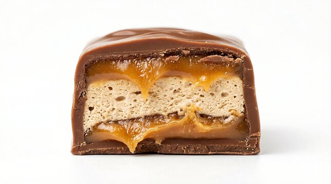 A delicious chocolate candy bar with caramel and nougat filling