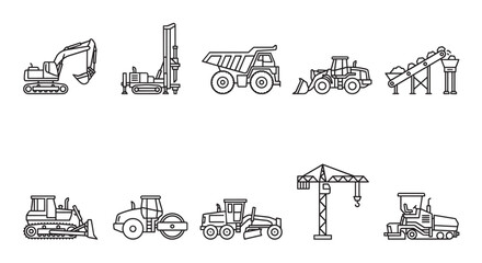 Obraz premium A clean and modern collection of line art illustrations featuring various heavy construction vehicles, perfect for graphic design and technical documentation.