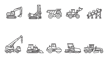 Fototapeta premium A clean line art collection of ten distinct construction vehicles and equipment, depicted in black outline on a white background.