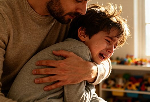 Warm embrace: A loving father gently comforts his crying son, tears streaming down the child's face, highlighting a powerful moment of emotional support and connection.