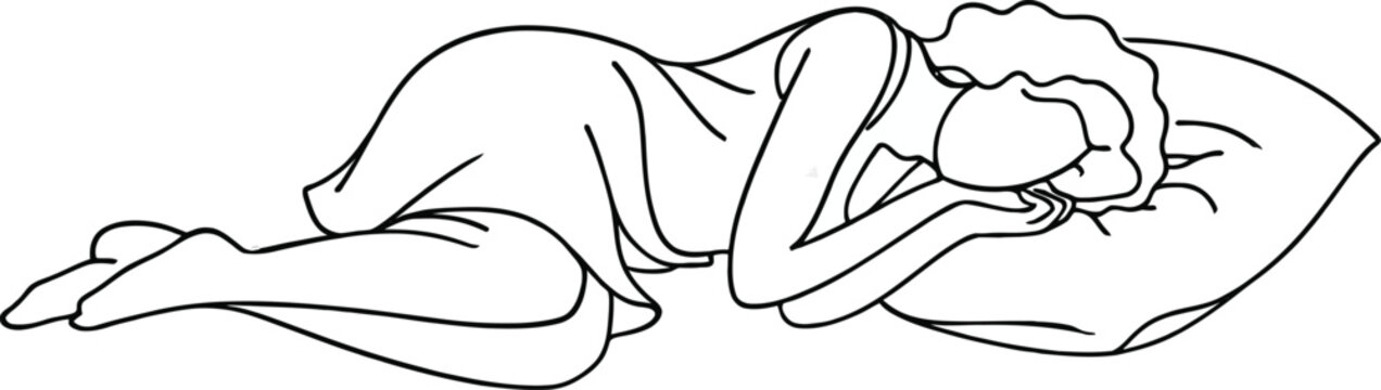 Continuous one line drawing of woman sleeping on memory foam. Vector illustration sleeper sleeper in profile.
