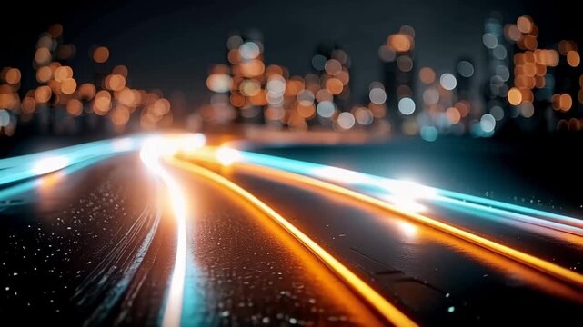 Abstract futuristic smart city background with high speed light trails, big data transfer and digital network connection, 5G technology concept of fiber optic cables and global communication, glowing 