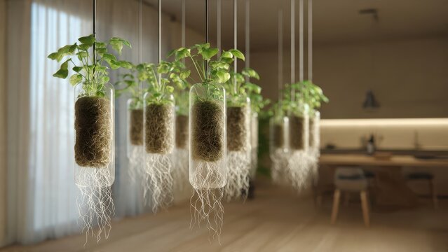 Soilless Farming Concept: Plant pods arranged in modern home interior setup
