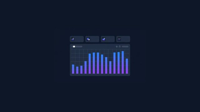A dark UI element displays a vibrant bar chart with a gradient from blue to purple, representing data visualization.