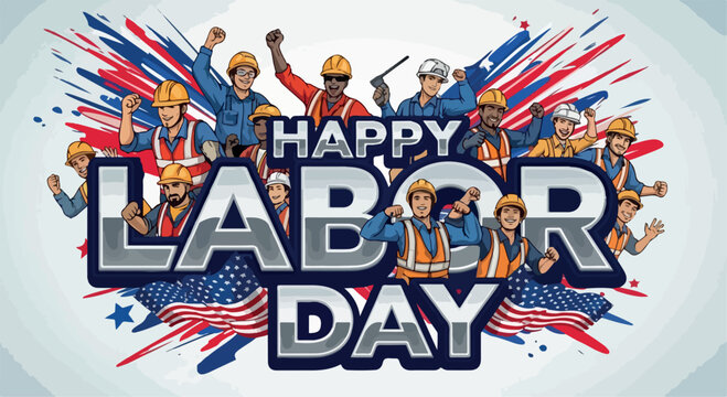 Happy Labor Day banner with diverse construction workers, patriotic American flag background, industrial workforce celebration EPS vector