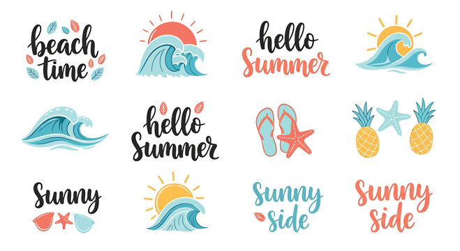 Summer beach icons, hello summer stickers, sunny side graphics, tropical wave symbols
