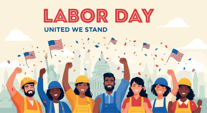 Labor Day celebration banner with diverse workers, United We Stand typography, American flags and confetti, patriotic holiday EPS vector illustration