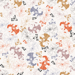 Fleurs graphiques en all over ocre, mauve, orange, lilas © luzulee