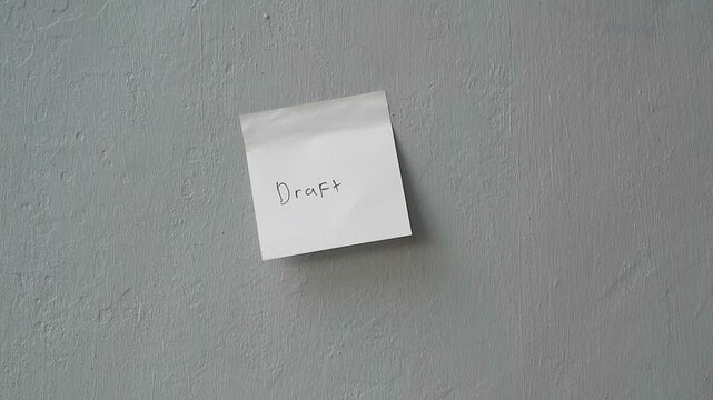 A hand sticking a white sticky note with "Draft" written on it on a gray wall.