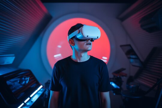 Young man wearing VR headset, virtual reality experience, futuristic tech, gaming setup