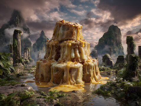 A whimsical, towering stack of golden siomay Bandung, resembling an ancient monument, set in a mystical landscape with misty mountains and flowing streams