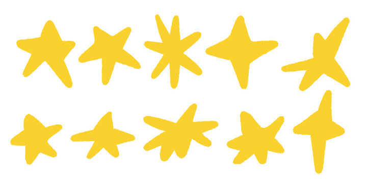 Set of yellow stars, childrens crayon drawing. Colorful design elements - sparks, stars, flash, pointed shapes. Casual, rustic pencil clip art. Vector graphics